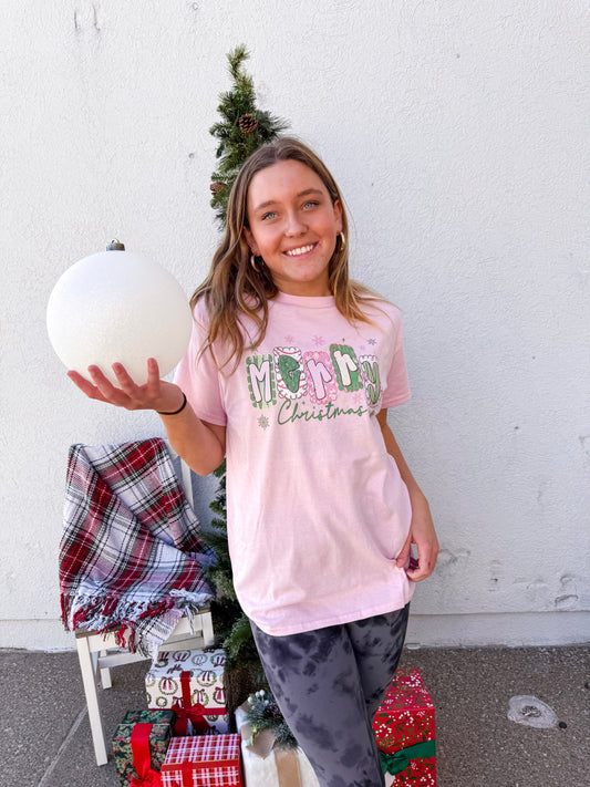 Pink and Green Merry Christmas Tee