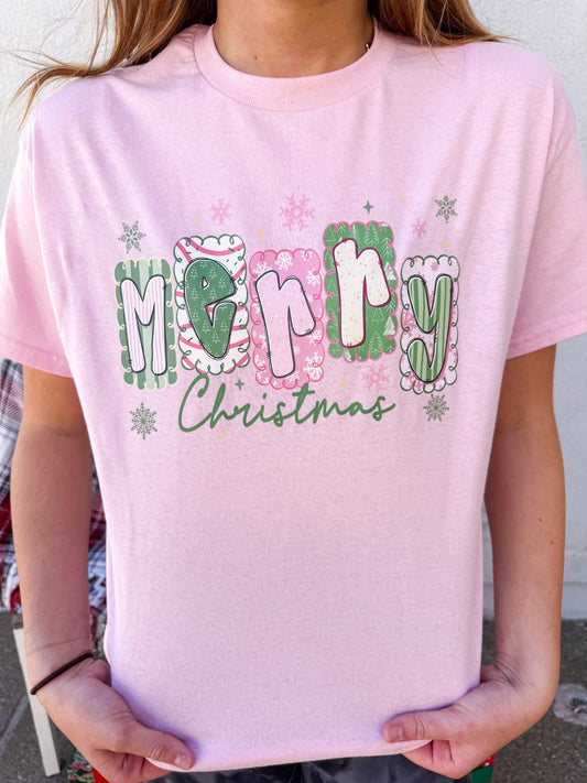Pink and Green Merry Christmas Tee