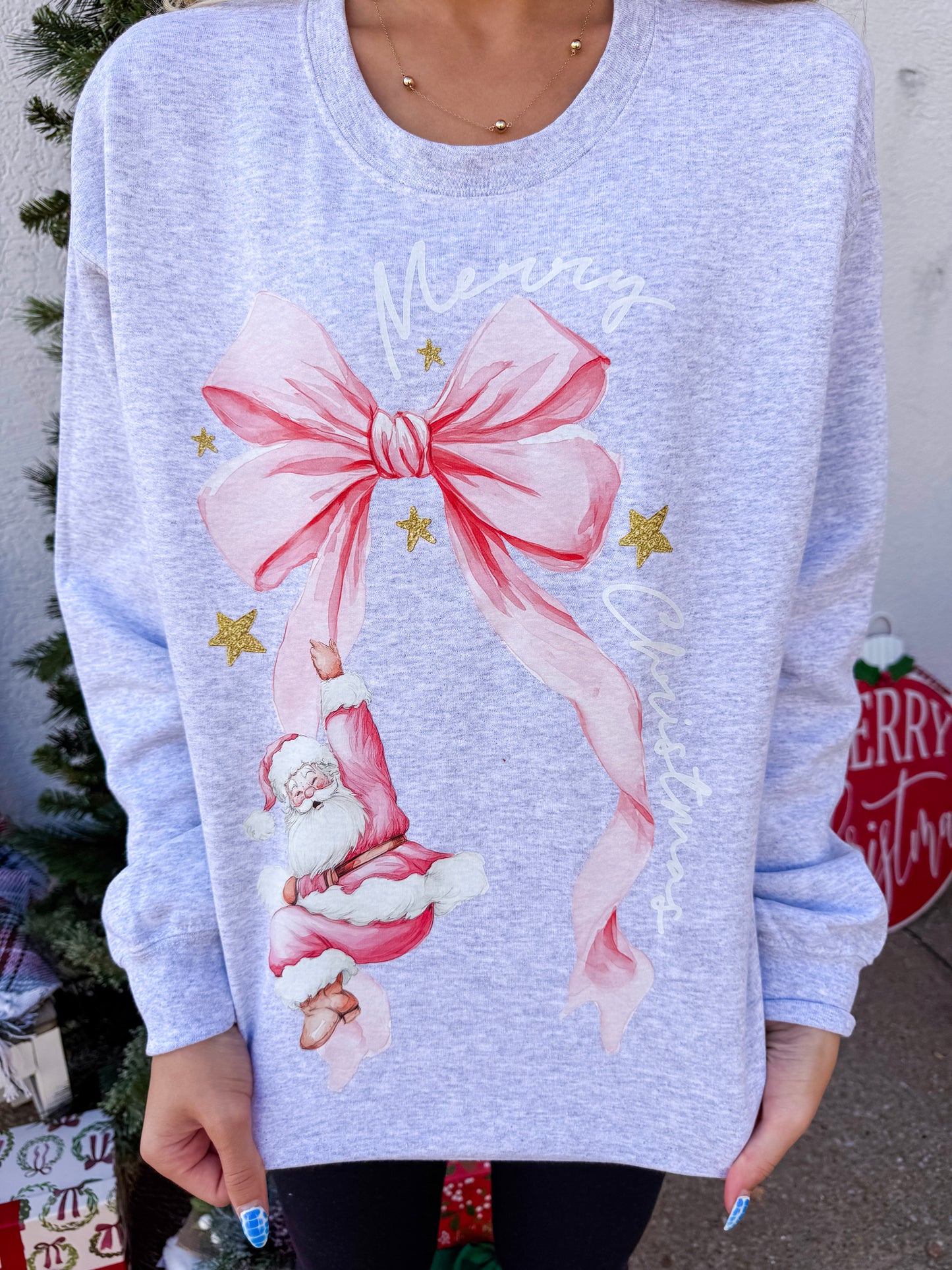 Pink Bow Merry Christmas Crewneck