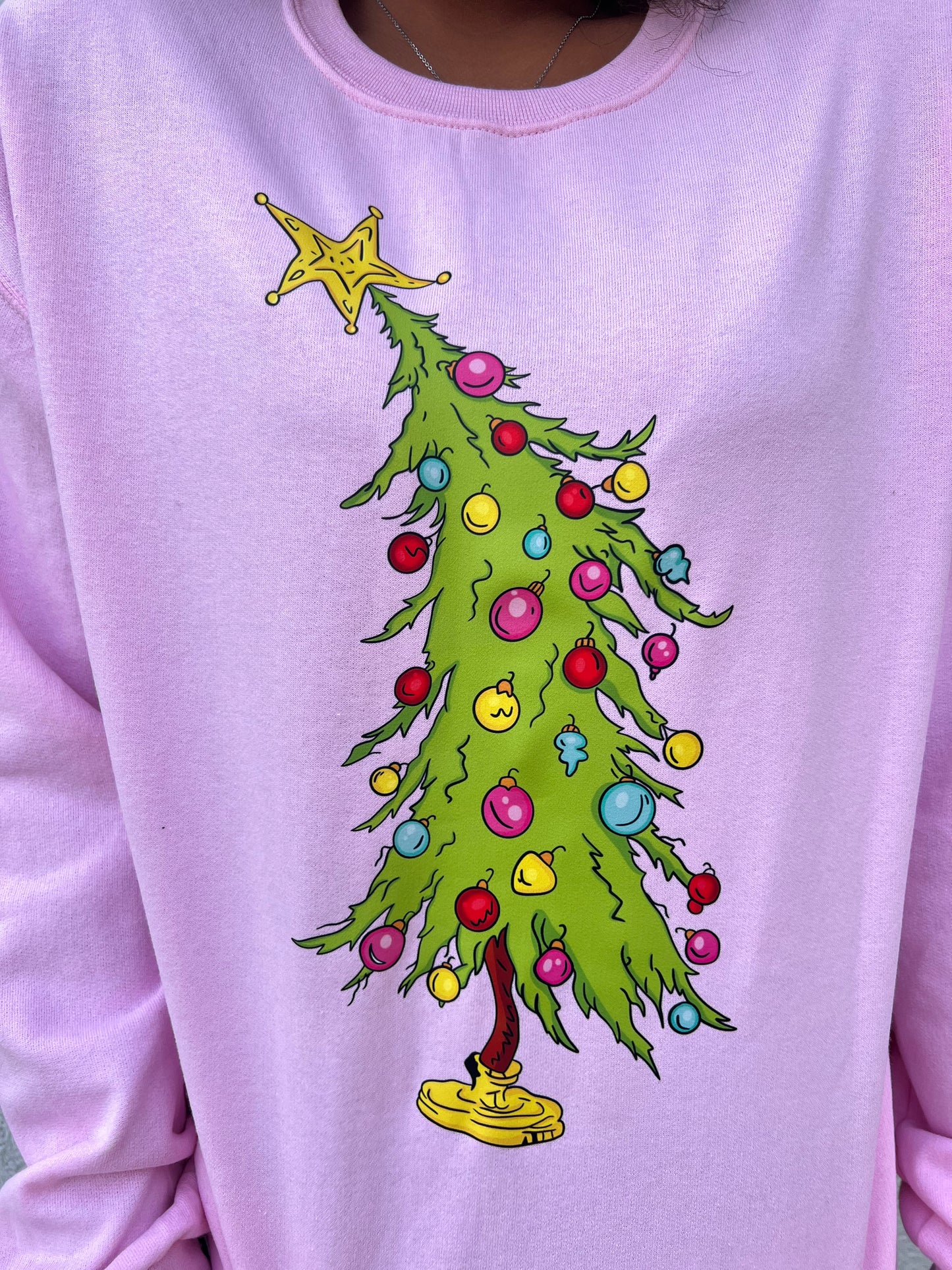 Pink Grinchy Christmas Tree Crewneck Sweatshirt