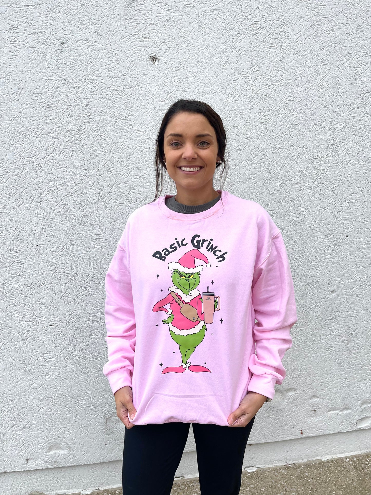 Basic Grinch Christmas Pink Crewneck Sweatshirt
