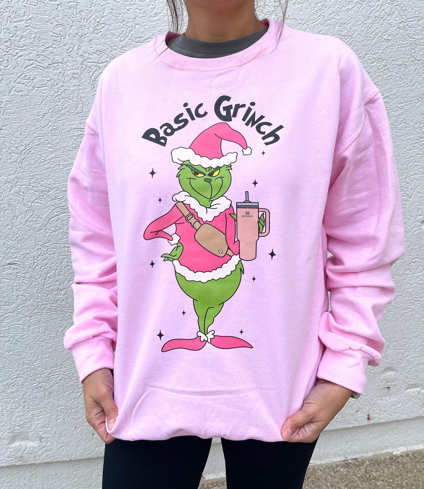 Basic Grinch Christmas Pink Crewneck Sweatshirt