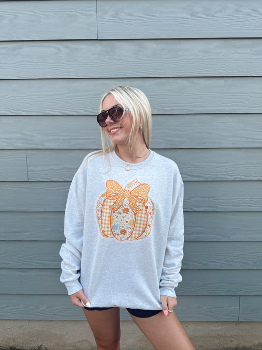 Patchwork Pumpkin Bow Crewneck