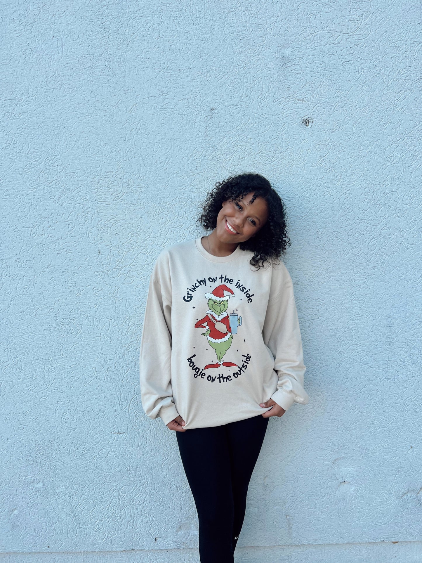 Grinchy on the inside Boujie on the Outside Christmas Crewneck Sweatshirt