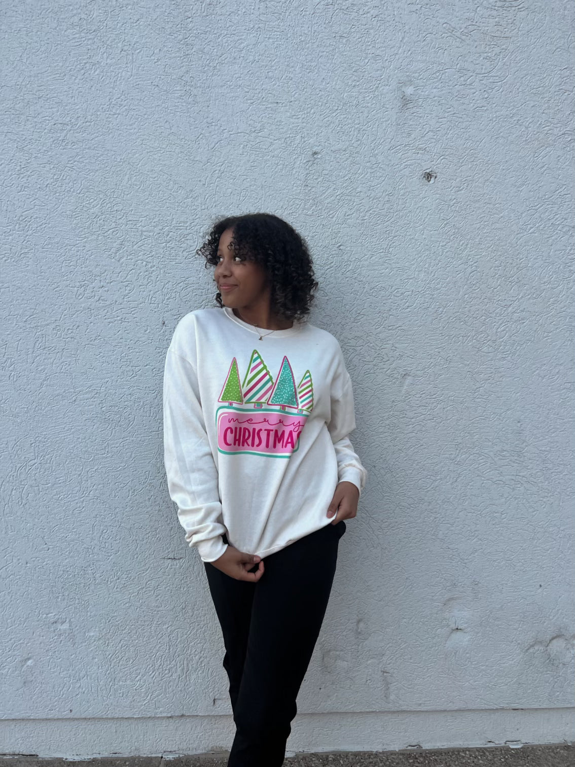 Merry Christmas Pink and Green Crewneck Sweatshirt