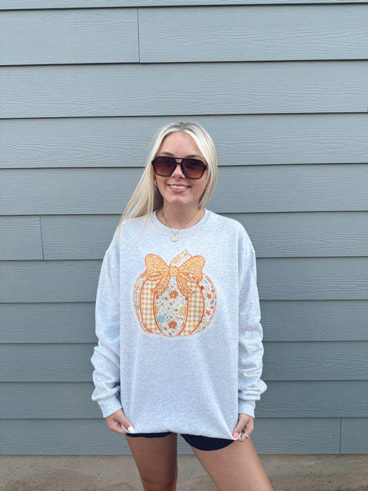 Patchwork Pumpkin Bow Crewneck
