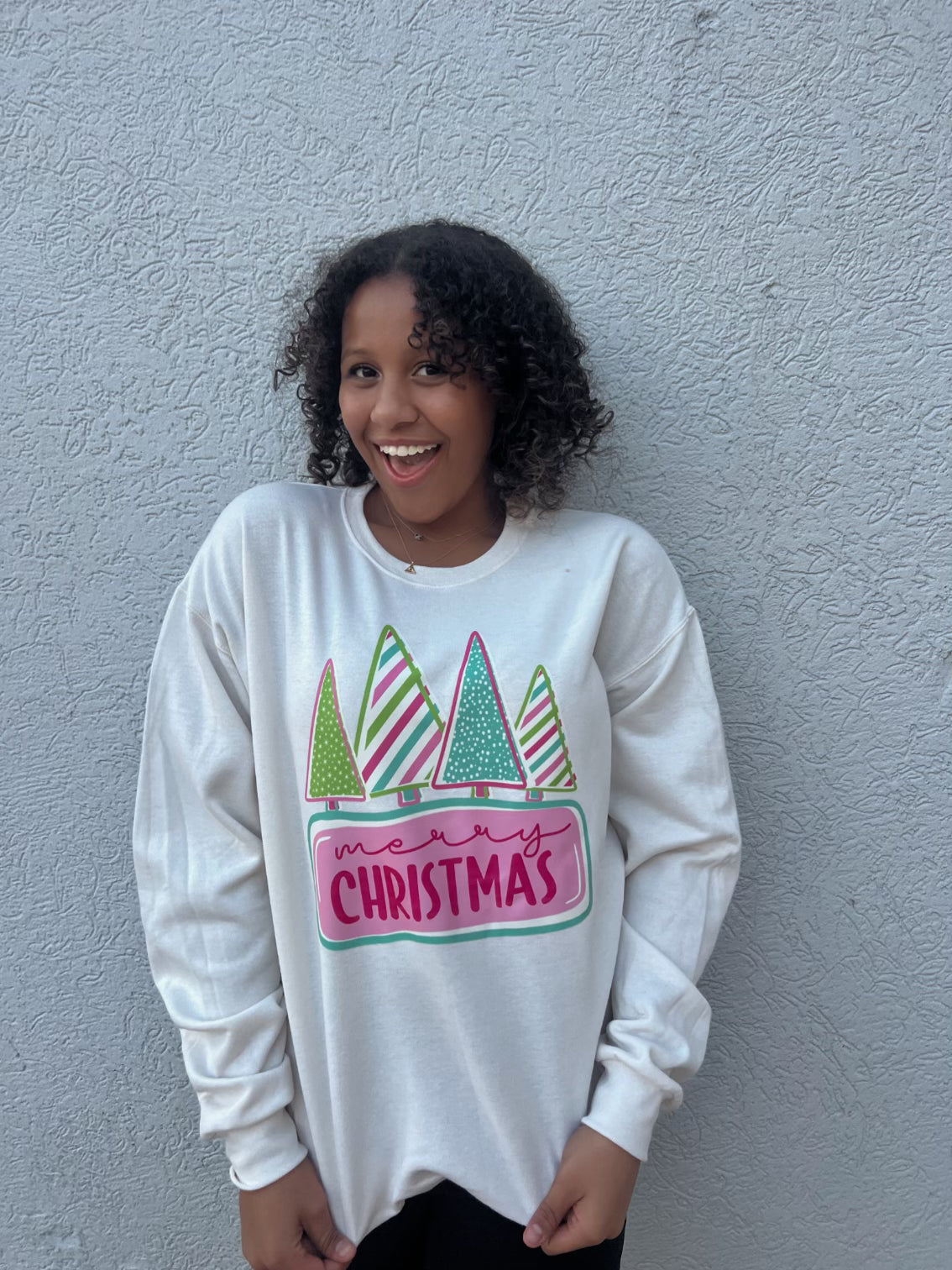 Merry Christmas Pink and Green Crewneck Sweatshirt