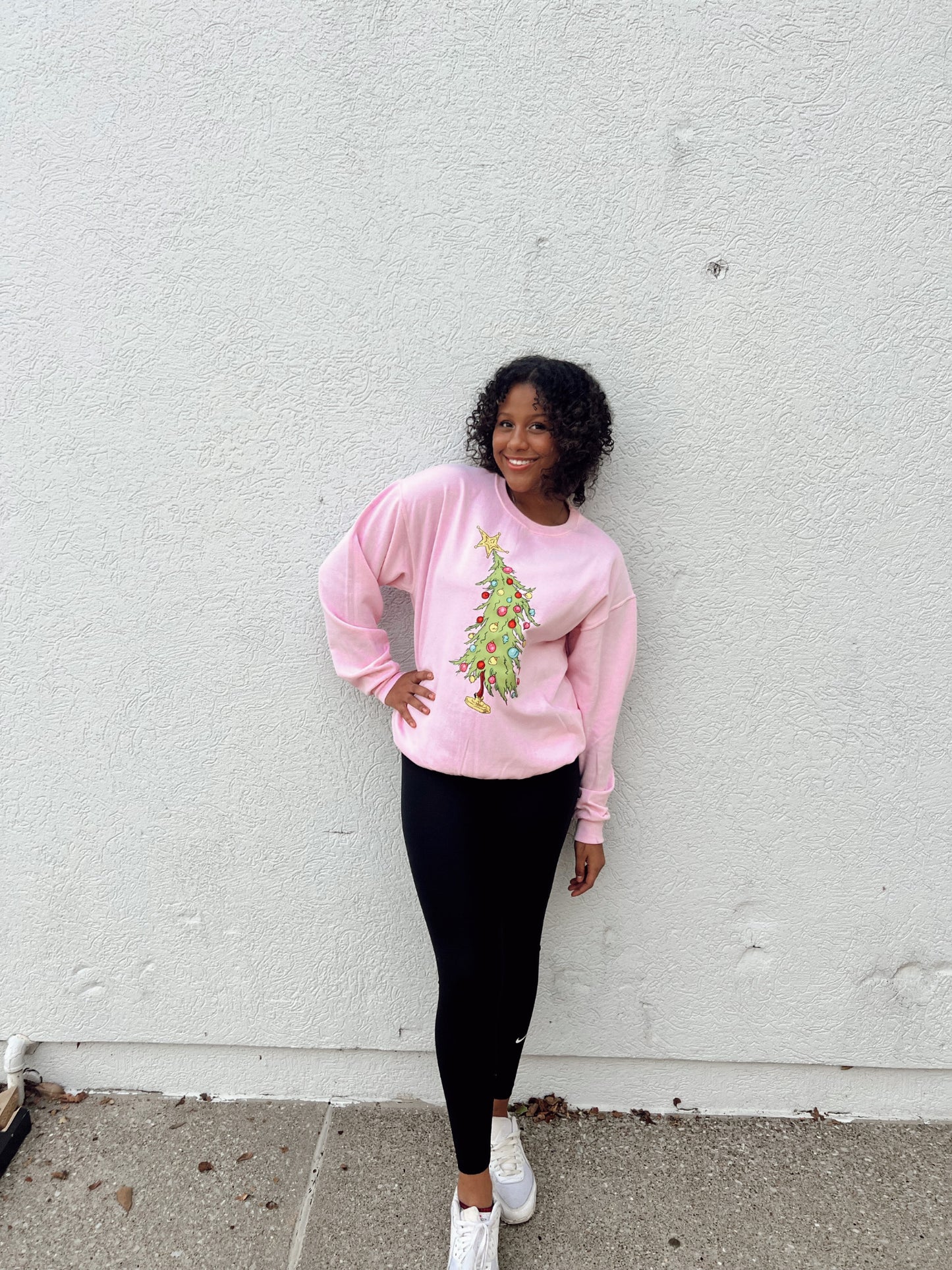 Pink Grinchy Christmas Tree Crewneck Sweatshirt