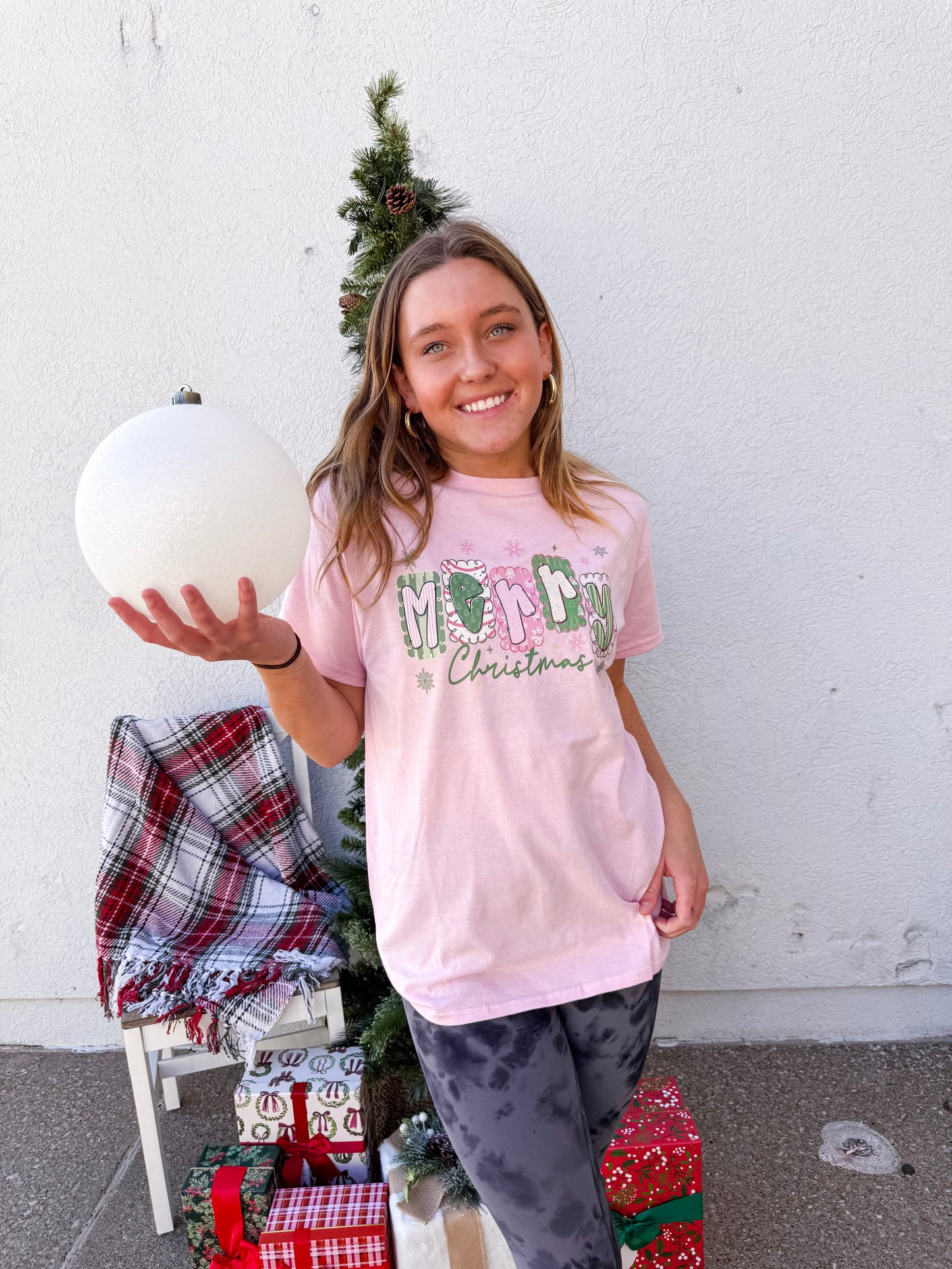 Pink and Green Merry Christmas Tee
