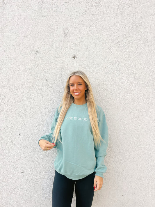 God Is Good Embroidered Crewneck Sweatshirt - Sage Green